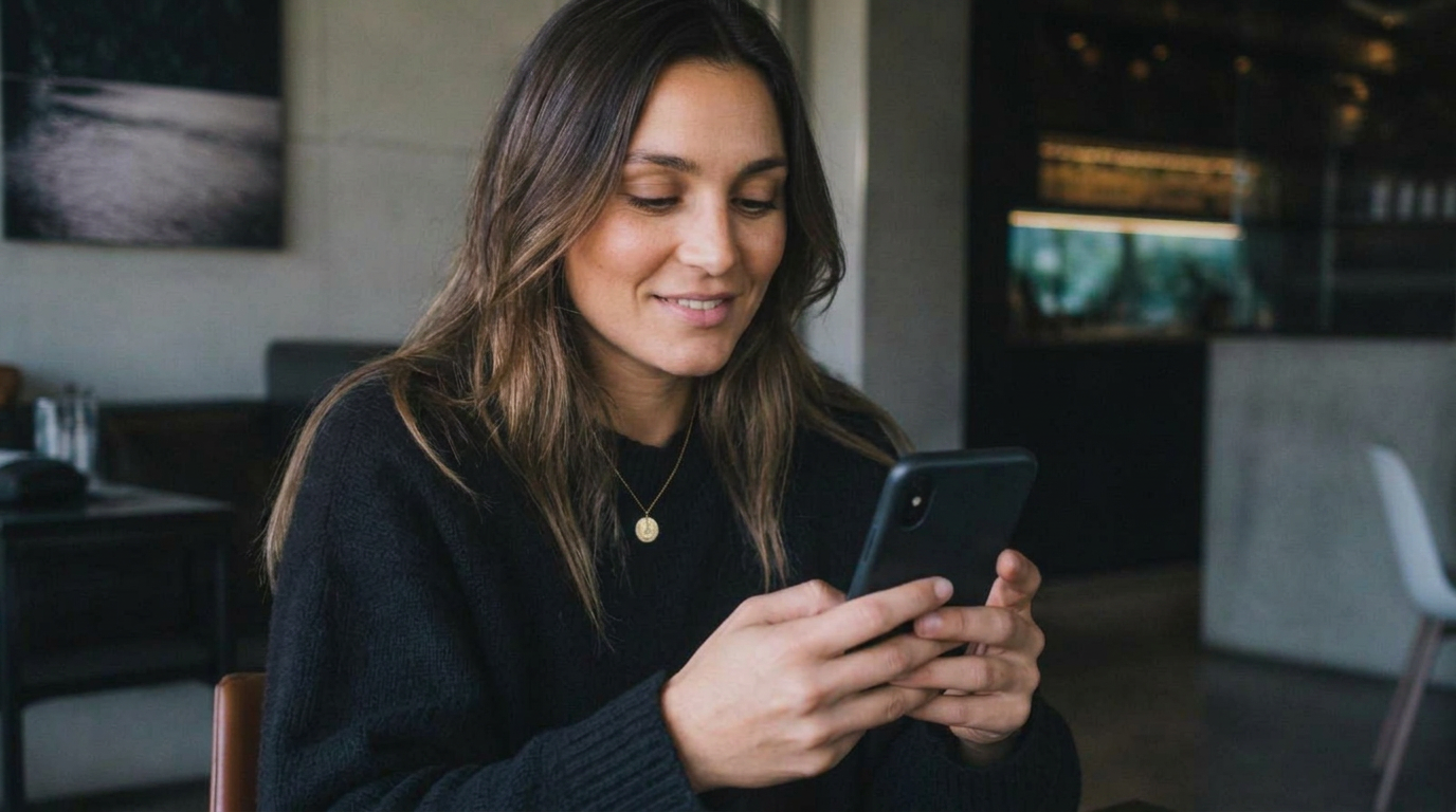 Customer smiling while reading a marketing SMS in a café