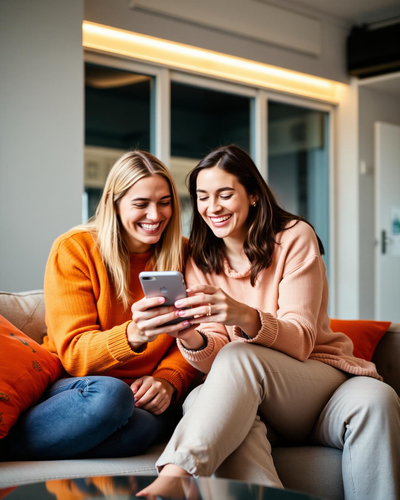 Two friends laughing while sharing an SMS offer on a phone