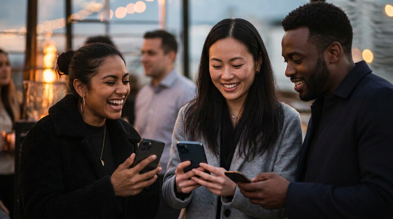 Two friends laughing while sharing an SMS offer on a phone