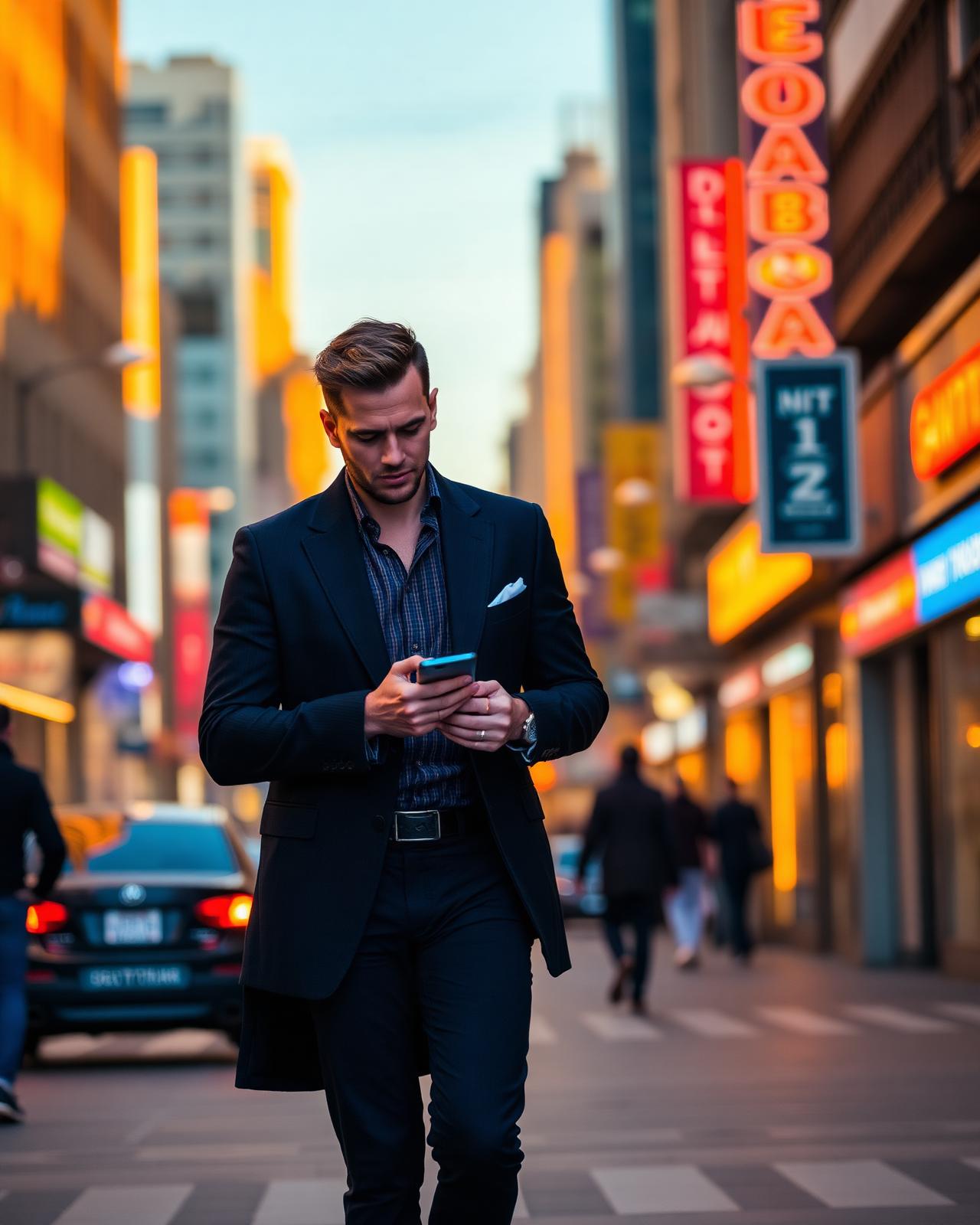 Commuter checking a promotional SMS on a busy city street