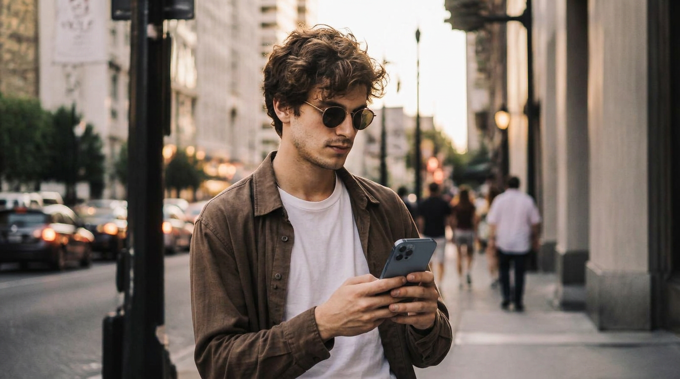 Commuter checking a promotional SMS on a busy city street